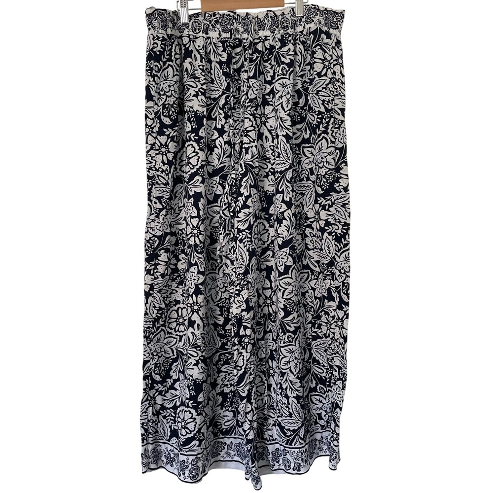 Lane Bryant Womens 16 Wide Leg Pants Navy Floral Pull On Pockets Boho Palazzo